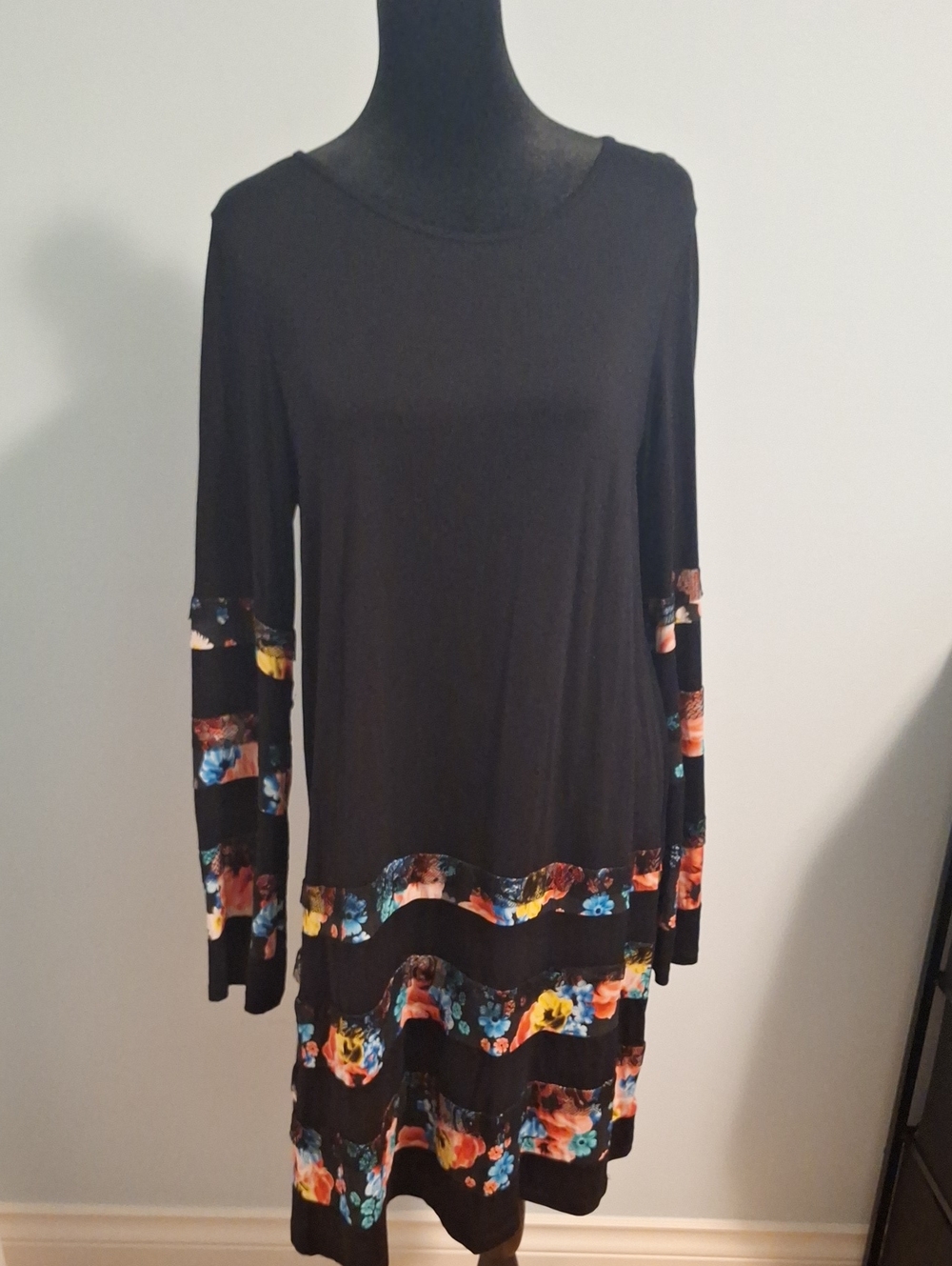 Desigual Black Asymmetrical Dress with Multicolor Floral Bands